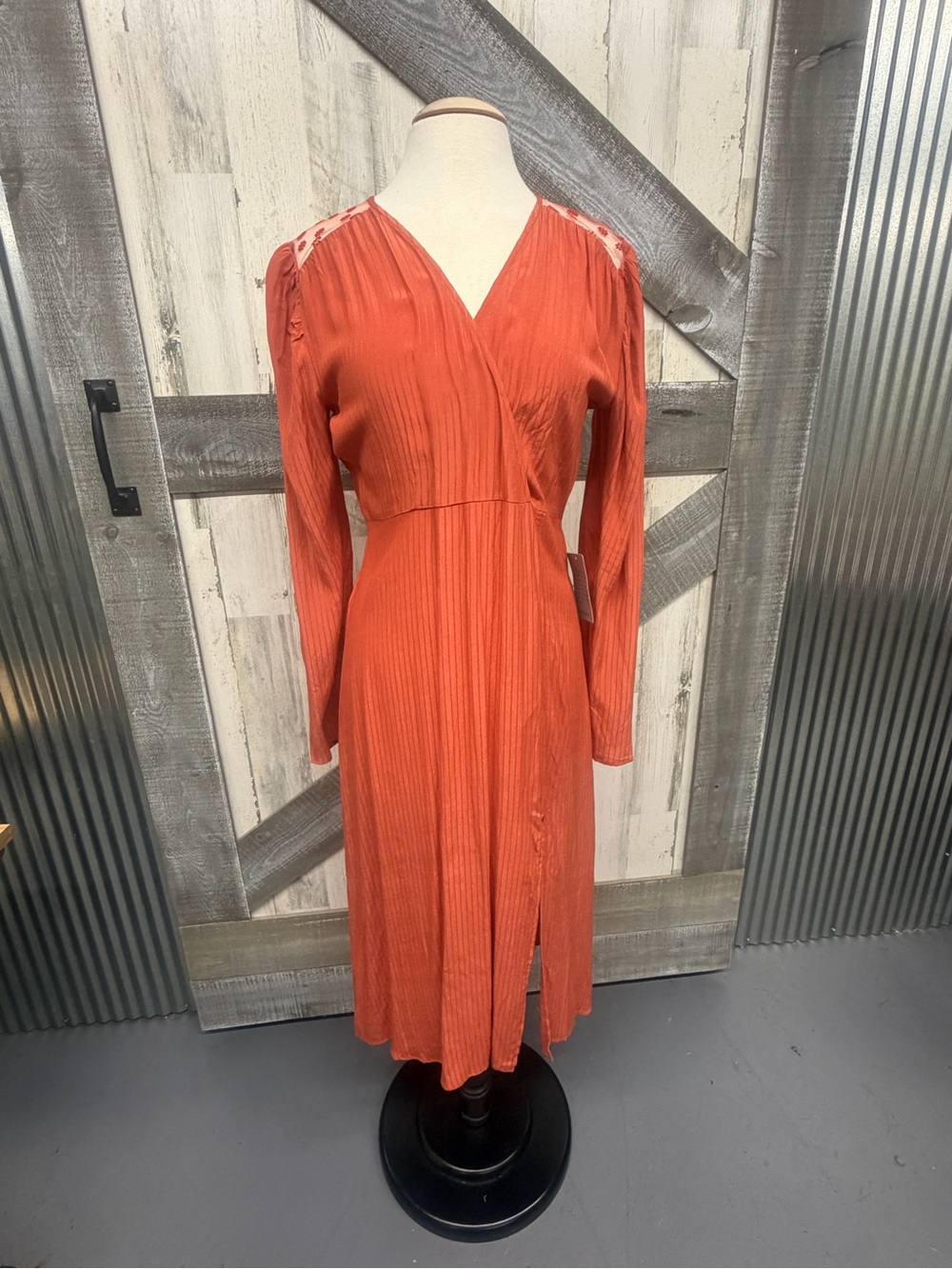NSR Burnt Orange Long Sleeve Wrap-Style Midi Dress